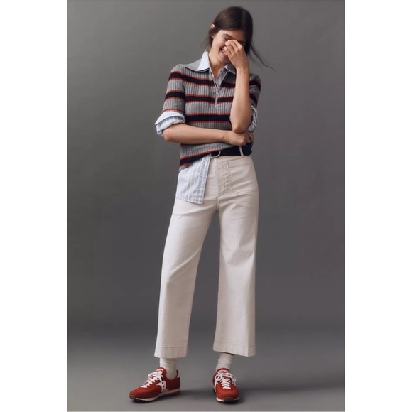 NWT Anthropologie Maeve Colette Cropped Wide Leg Pants Linen Cream Contrast 26 - Picture 3 of 12